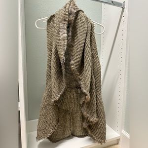 ALBERTO MAKALI Womens Vest Taupe Wool Blend Sweater Rabbit Fur Trim, Size M